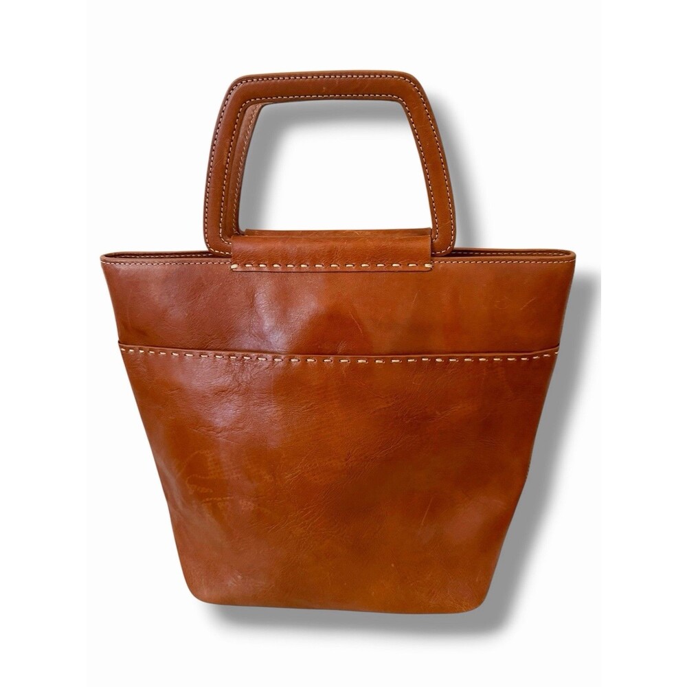 Fossil Brown Leather Satchel Top Handle Bag Structured Handle Cognac Minimalist
